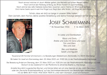 Anzeige von Josef Schmiemann 