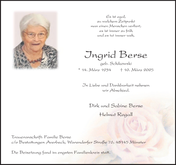 Anzeige von Ingrid Berse 
