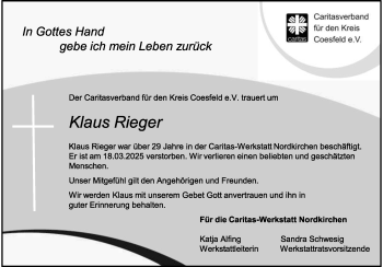 Anzeige von Klaus Rieger 