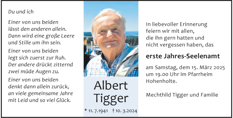  Traueranzeige für Albert Tigger vom 08.03.2025 aus 