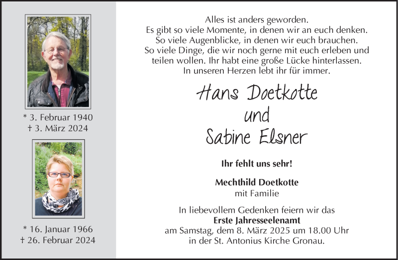  Traueranzeige für Hans Doetkotte und Sabine Elsner  vom 01.03.2025 aus 