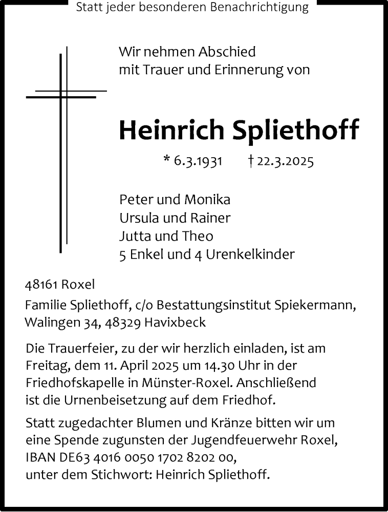  Traueranzeige für Heinrich Spliethoff vom 29.03.2025 aus 