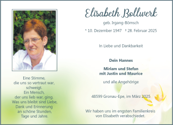Anzeige von Elisabeth Bollwerk 
