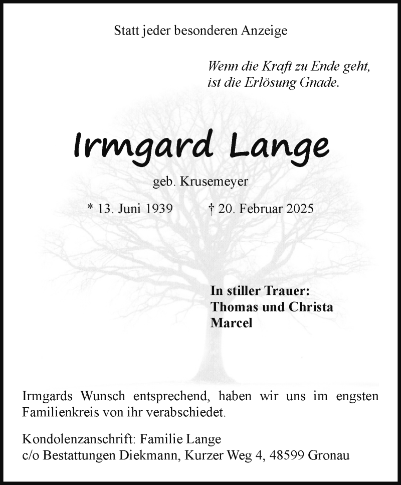  Traueranzeige für Irmgard Lange vom 01.03.2025 aus 