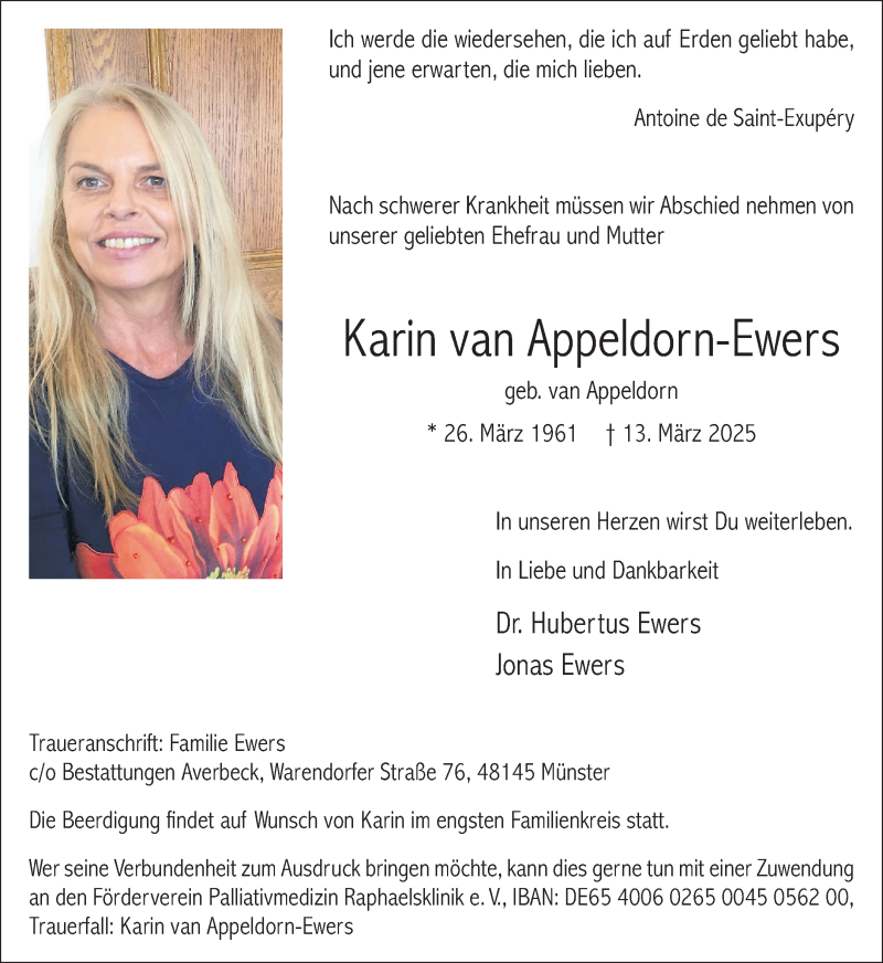  Traueranzeige für Karin van Appeldorn-Ewers vom 15.03.2025 aus 