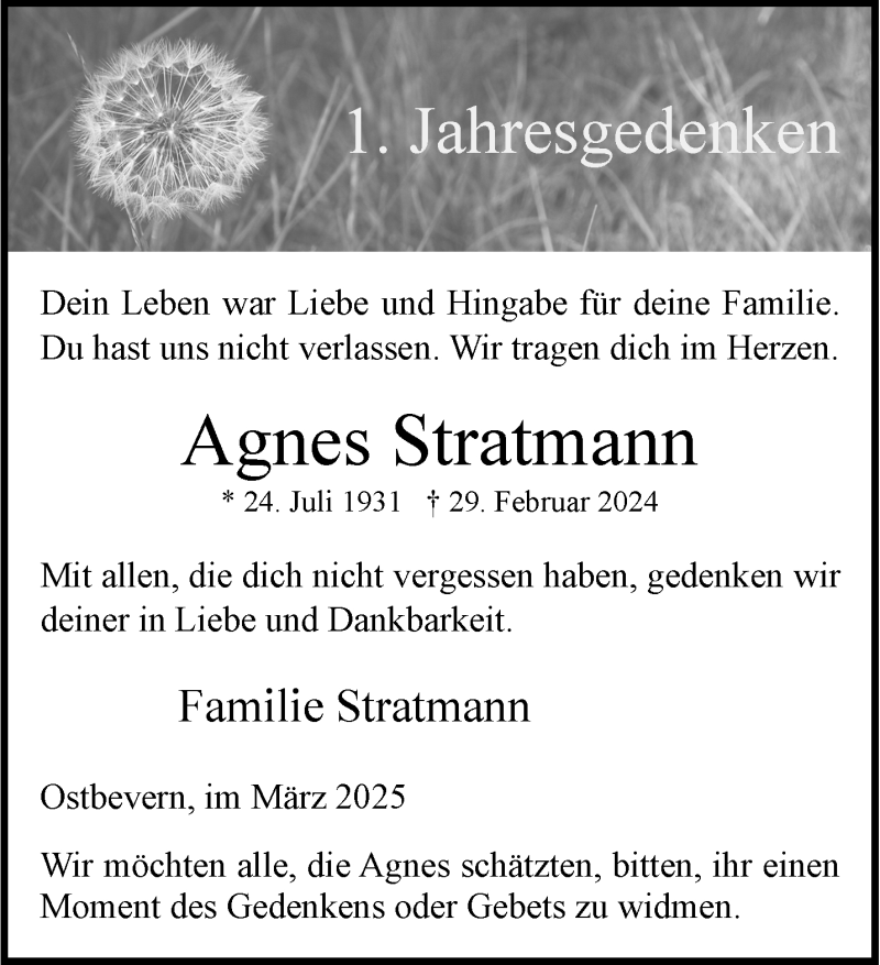 Traueranzeige für Agnes Stratmann vom 01.03.2025 aus 
