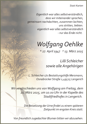 Anzeige von Wolfgang Oehlke 