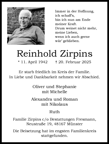 Anzeige von Reinhold Zirpins 