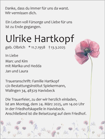 Anzeige von Ulrike Hartkopf 