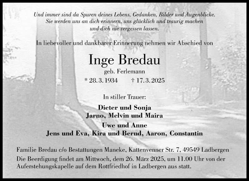  Traueranzeige für Inge Bredau vom 24.03.2025 aus 