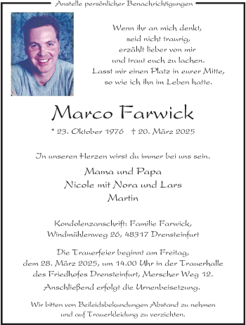 Anzeige von Marco Farwick 