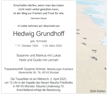 Anzeige von Hedwig Grundhoff 