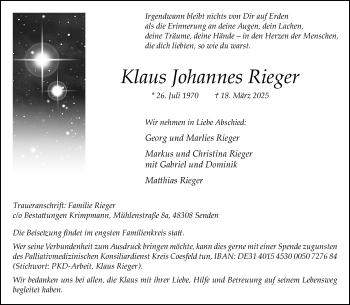 Anzeige von Klaus Johannes Rieger 