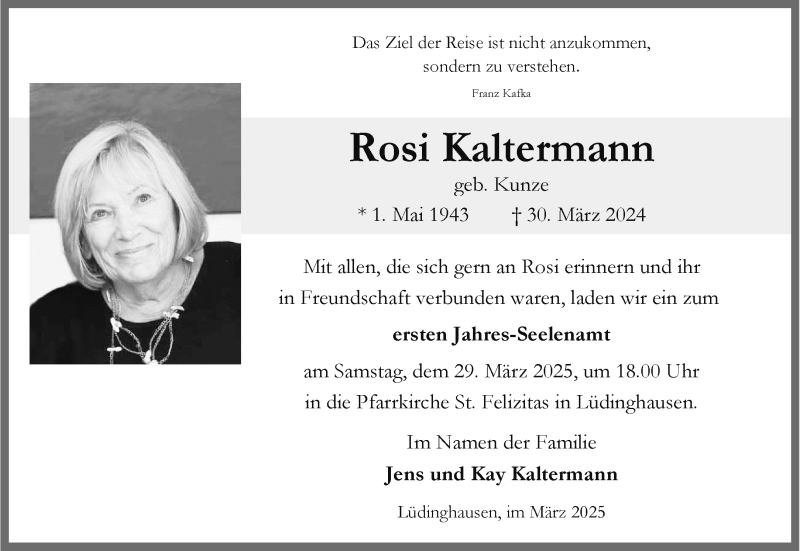  Traueranzeige für Rosi Kaltermann vom 22.03.2025 aus 