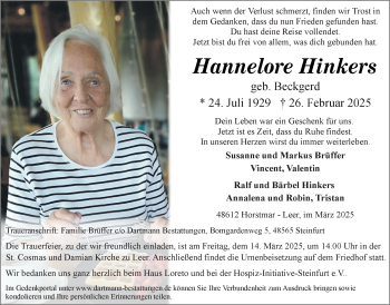 Anzeige von Hannelore Hinkers 