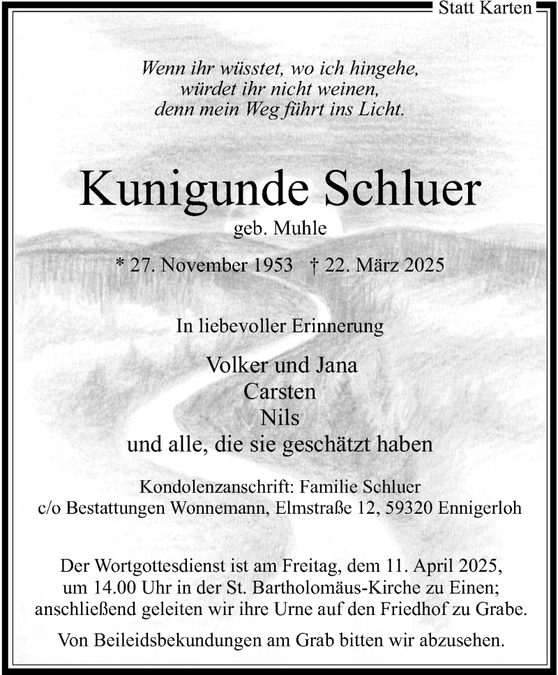  Traueranzeige für Kunigunde Schluer vom 29.03.2025 aus 