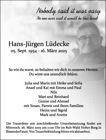 Anzeige von Hans-Jürgen Lüdecke 