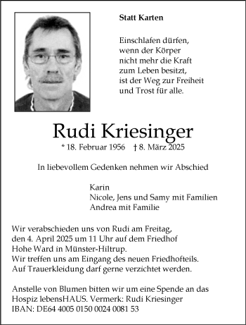 Anzeige von Rudi Kriesinger 