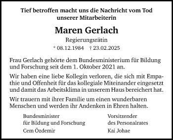 Anzeige von Maren Elisabeth Gerlach 