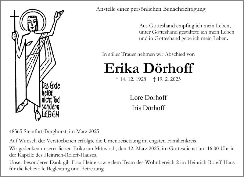  Traueranzeige für Erika Dörhoff vom 11.03.2025 aus 