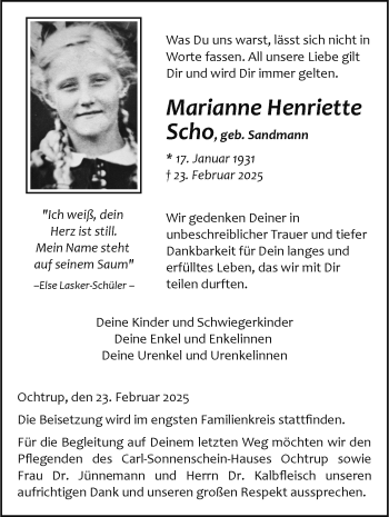 Anzeige von Marianne Henriette Scho 