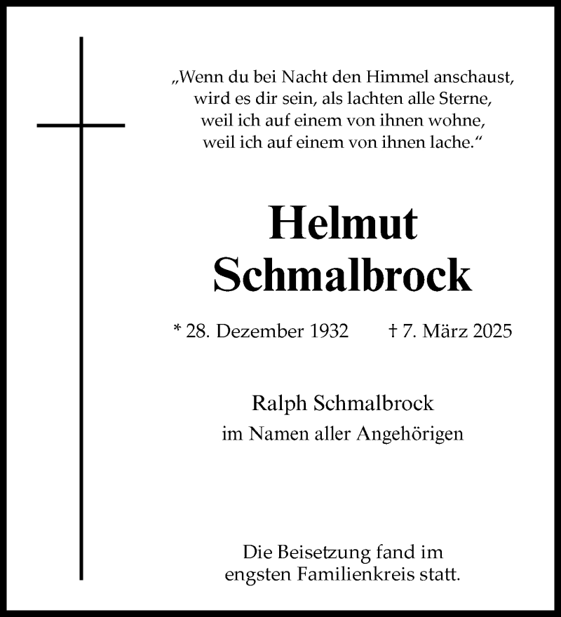  Traueranzeige für Helmut Schmalbrock vom 22.03.2025 aus 