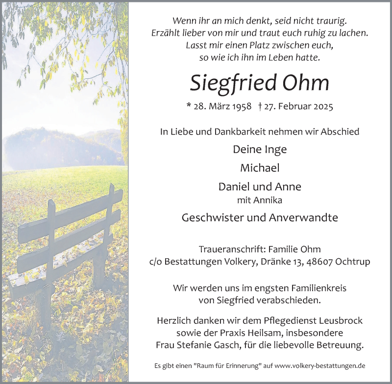  Traueranzeige für Siegfried Ohm vom 04.03.2025 aus 