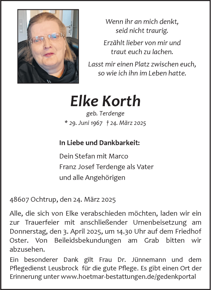  Traueranzeige für Elke Korth vom 29.03.2025 aus 