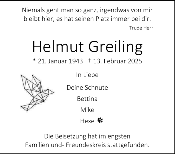 Anzeige von Helmut Greiling 