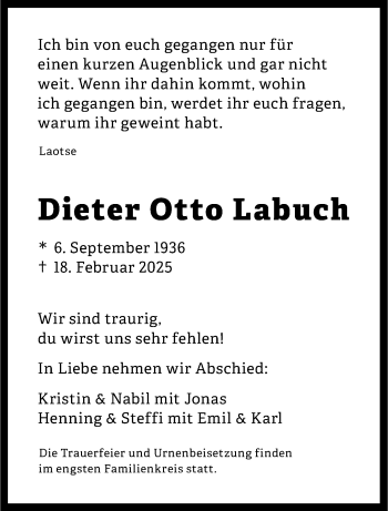 Anzeige von Dieter Otto Labuch 