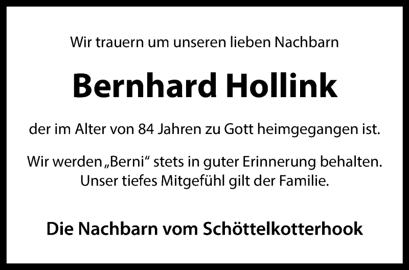  Traueranzeige für Bernhard Hollink vom 01.03.2025 aus 