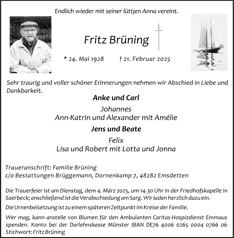  Traueranzeige für Fritz Brüning vom 01.03.2025 aus 