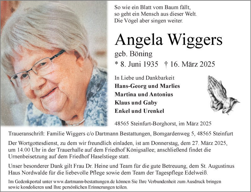  Traueranzeige für Angela Wiggers vom 22.03.2025 aus 