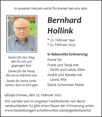 Anzeige von Bernhard Hollink 