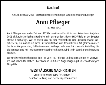 Anzeige von Anni Pflieger 