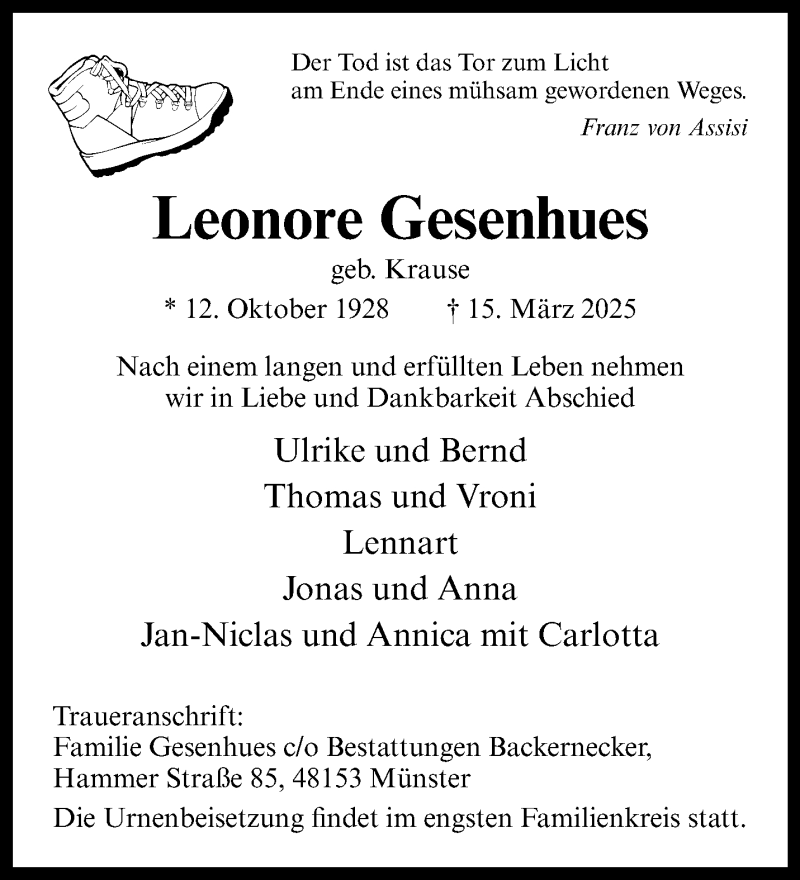  Traueranzeige für Leonore Gesenhues vom 22.03.2025 aus 