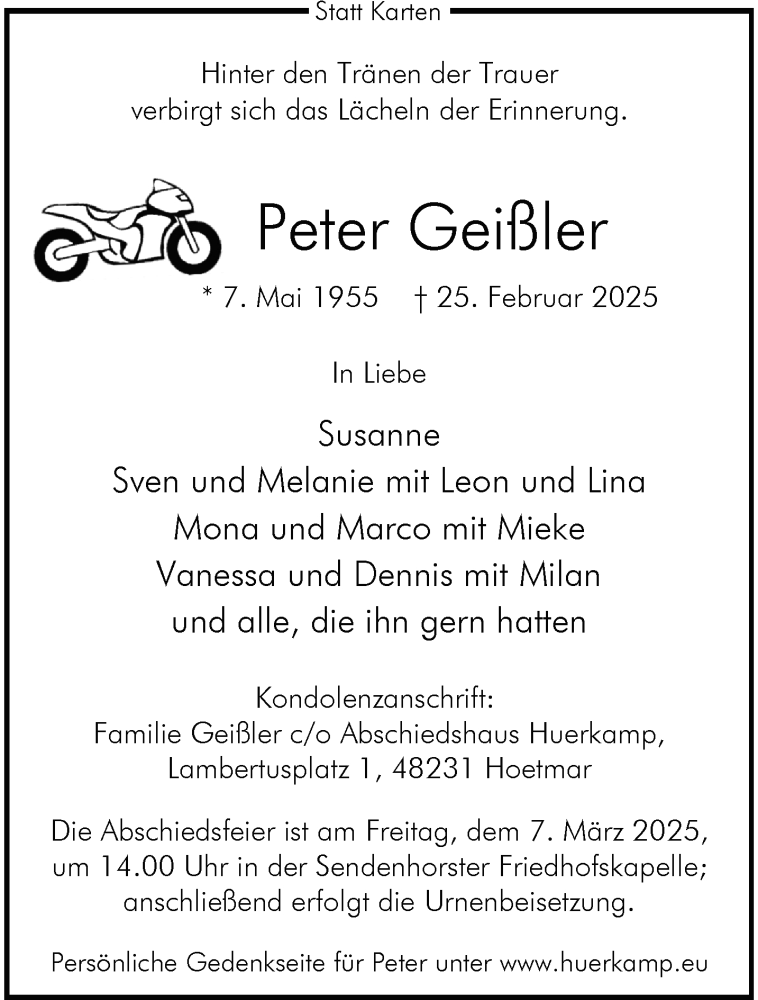  Traueranzeige für Peter Geißler vom 01.03.2025 aus 