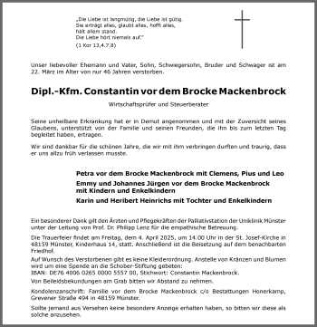 Anzeige von Constantin vor dem Brocke Mackenbrock 