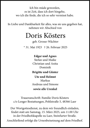 Anzeige von Doris Kösters 