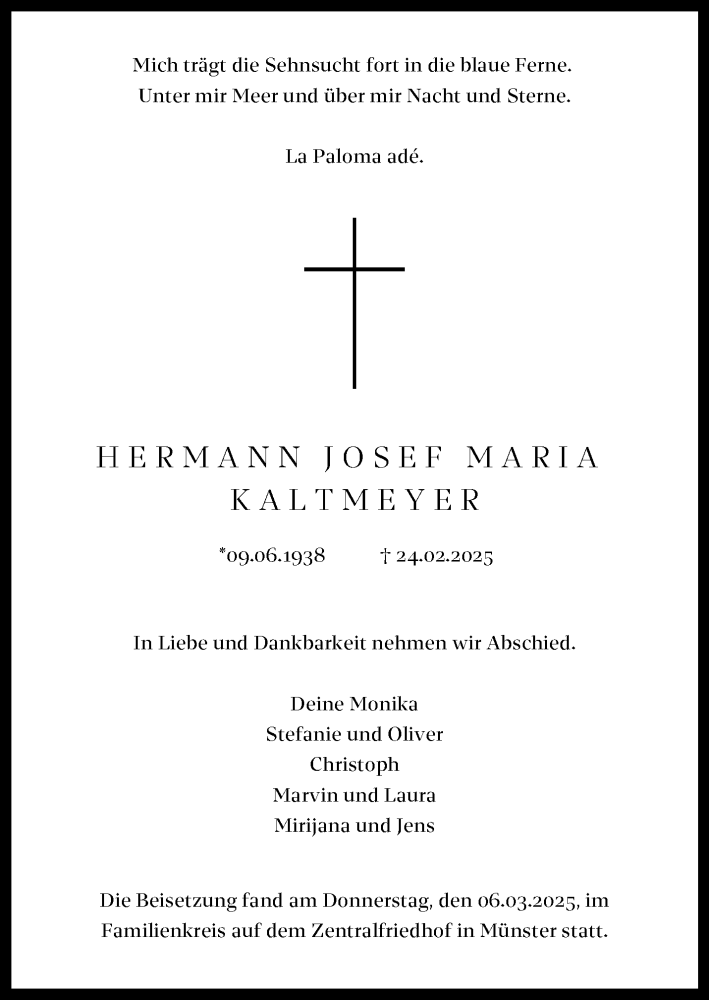  Traueranzeige für Hermann Josef Maria Kaltmeyer vom 08.03.2025 aus 