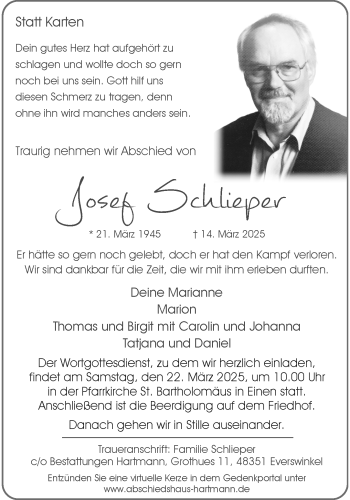 Anzeige von Josef Schlieper 