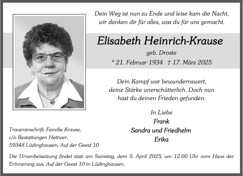  Traueranzeige für Elisabeth Heinrich-Krause vom 29.03.2025 aus 