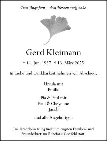 Anzeige von Gerd Kleimann 