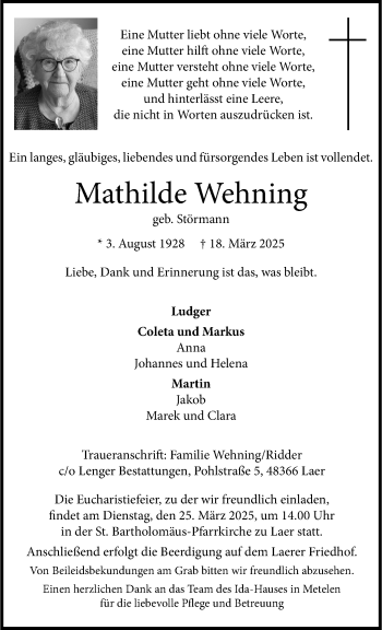 Anzeige von Mathilde Wehning 