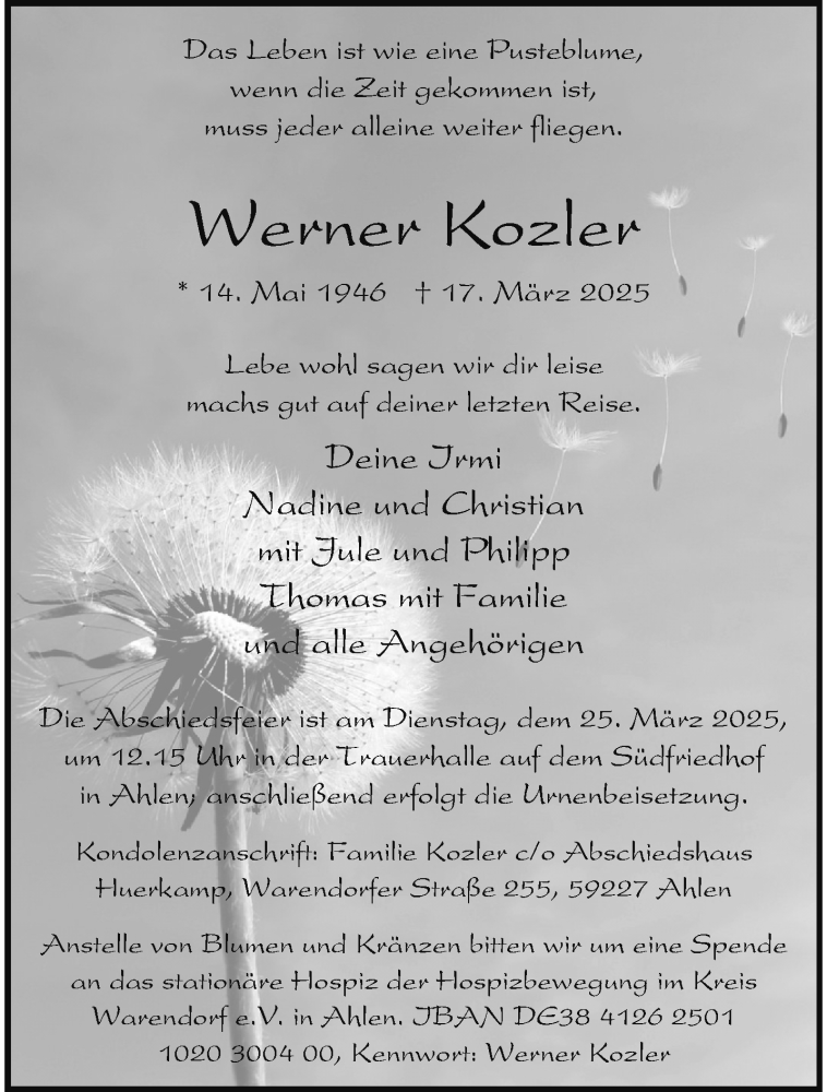  Traueranzeige für Werner Kozler vom 22.03.2025 aus 