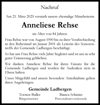 Anzeige von Anneliese Rehse 