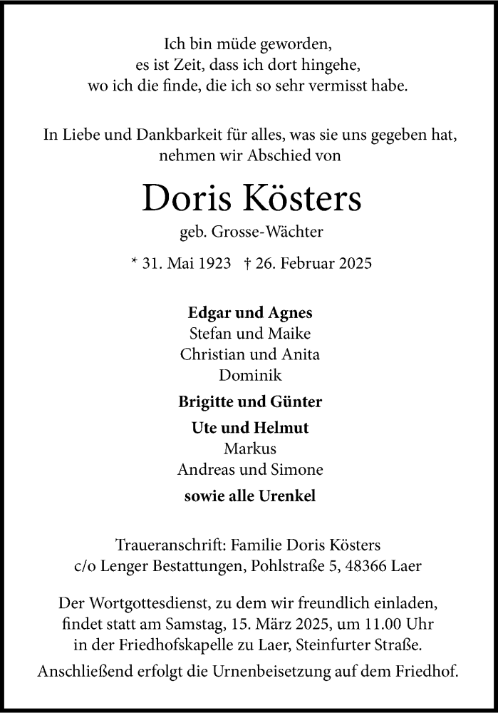  Traueranzeige für Doris Kösters vom 08.03.2025 aus 