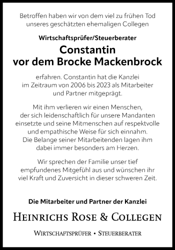 Anzeige von Constantin vor dem Brocke Mackenbrock 