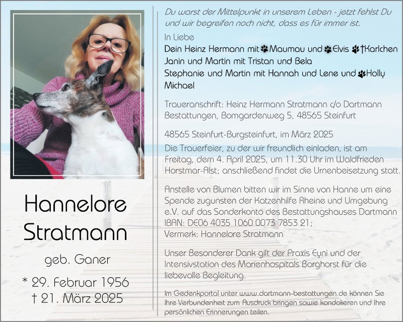  Traueranzeige für Hannelore Stratmann vom 29.03.2025 aus 