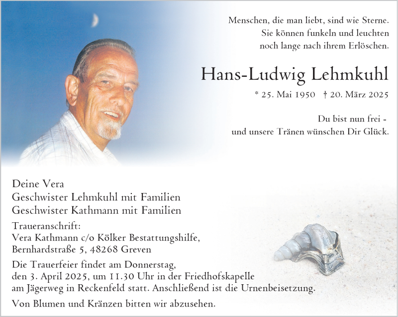  Traueranzeige für Hans-Ludwig Lehmkuhl vom 29.03.2025 aus 